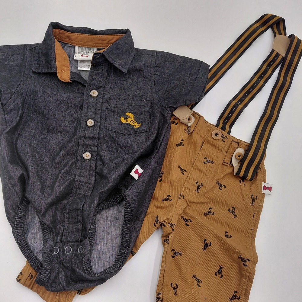 Dapper Dude 2 Piece Suspender Baby Boy 3-6M Outfit Set Lobster 🦞 Handsome‎